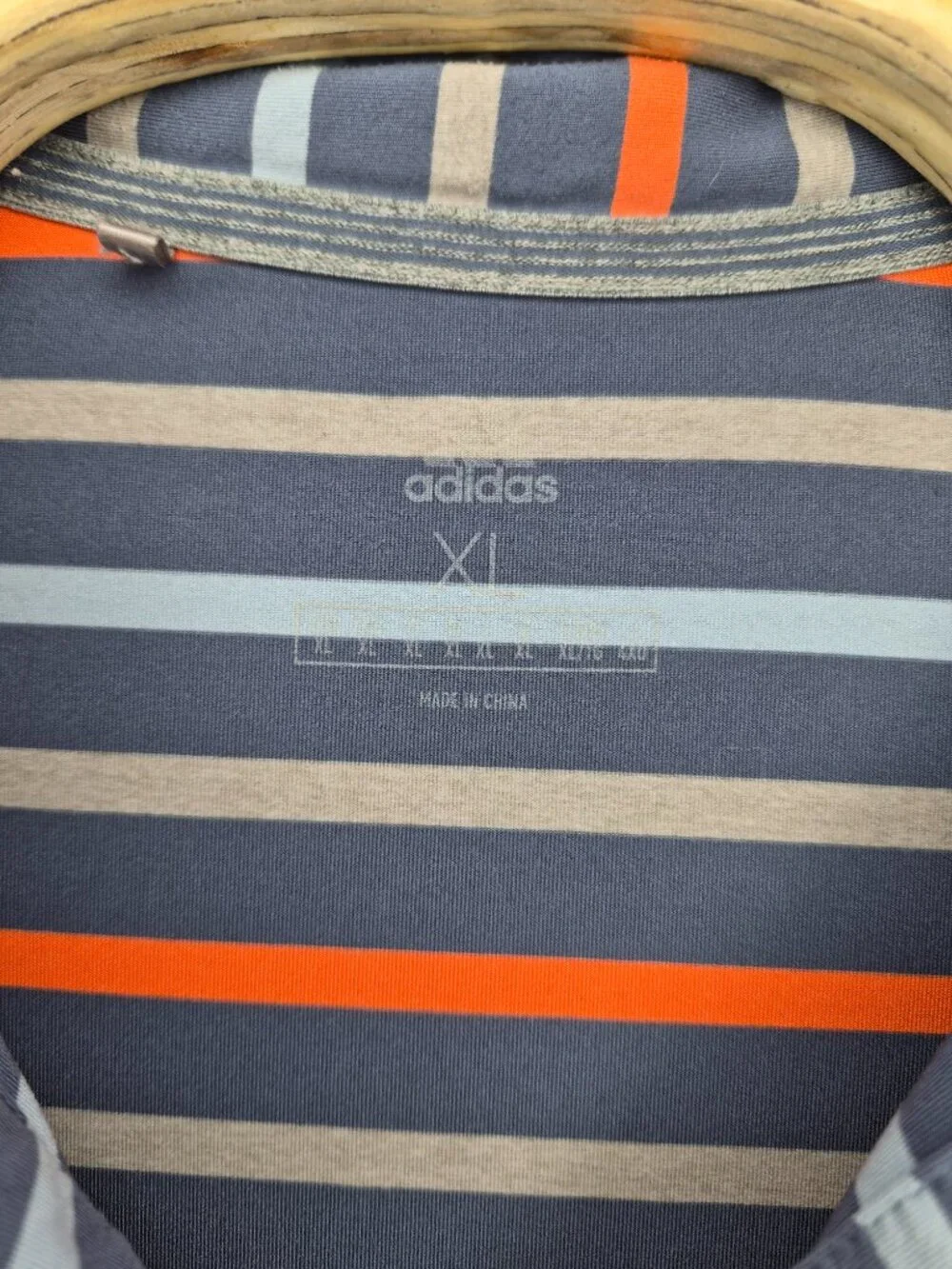 Adidas Mens XL Short Sleeve Stretchy Striped Logo Polo Shirt Blue Gray Orange